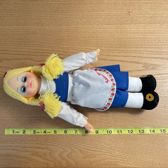 Swiss Miss Cloth Doll Blue Sleepy Eyes Blond Yarn Hair Braids Vinyl Face Cocoa - Picture 8 of 9